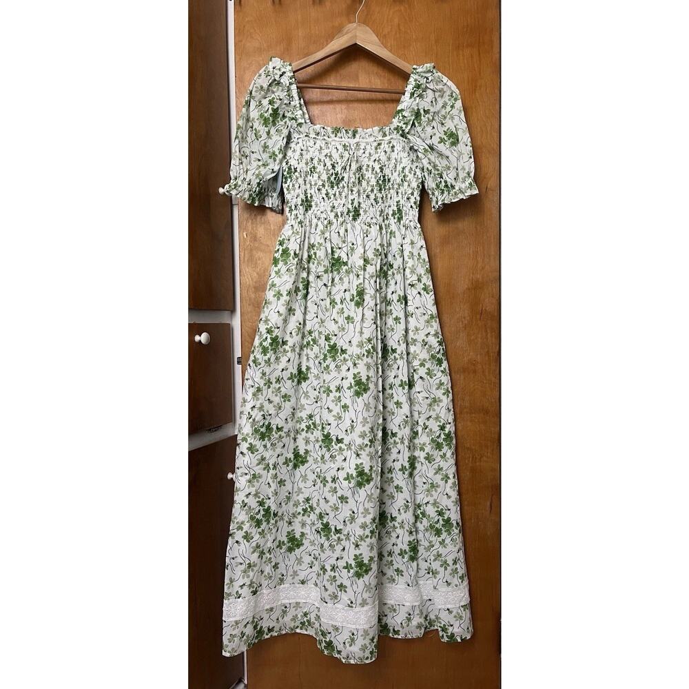 Hill House Home The Scarlett Nap Dress Green Sweet Pea Lace Bow Sz M Puff Sleeve - Picture 2 of 6